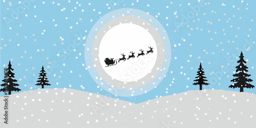 A silhouette of santa s sleigh flies across a winter wonderland scene