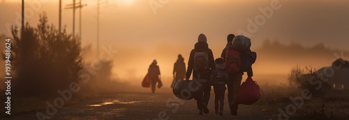 At daybreak, a refugee family arrives at a border crossing with their suitcases and backpacks full of necessities.