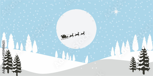 Santa claus flies across a winter landscape with a full moon