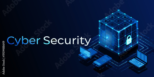 Cyber security concept with a digital cube and connected devices