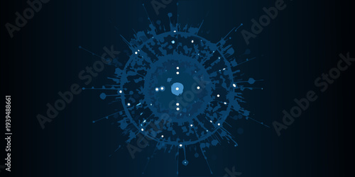 Abstract dark blue circular pattern with radiating particles and glowing dots
