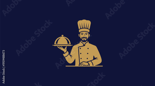 Elegant Chef Holding Serving Dish Luxury Restaurant Logo Vector