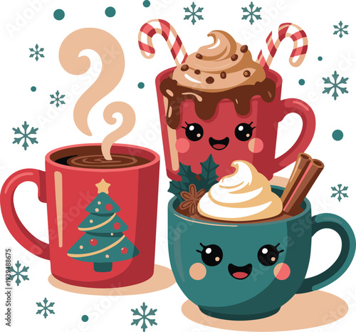 Kawaii christmas hot cocoa mugs vector illustration with snowflakes