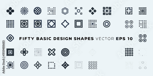 Collection of fifty diverse geometric shapes in black and white