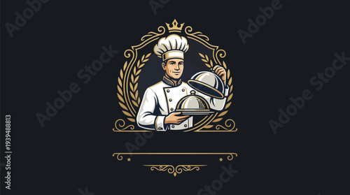 Elegant Chef Holding Serving Dish Luxury Restaurant Logo Vector