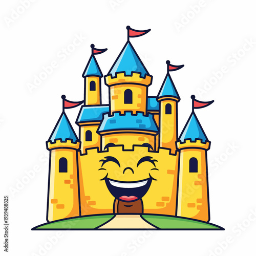Cartoon Castle with Smiling Face and Flags.