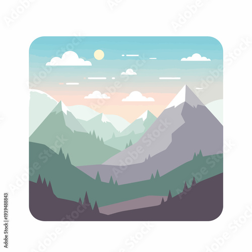 Mountain Landscape with Clouds and Sun.