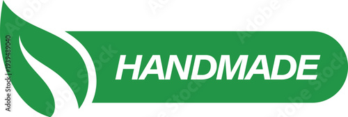 Handmade green horizontal tag with leaf design for crafted organic items and artisanal quality brand identity