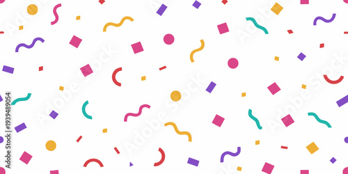 Colorful confetti and streamers scattered across a bright white background