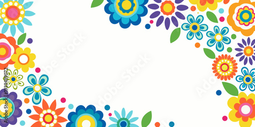 Colorful floral arrangement with stylized blossoms and vibrant green leaves