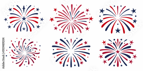 A collection of vibrant fireworks displays in red white and blue