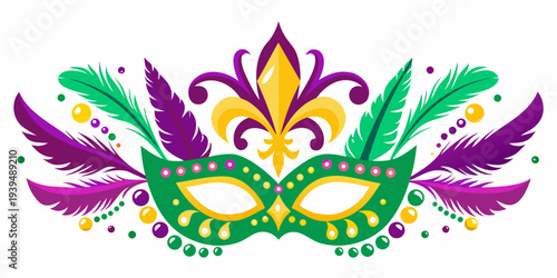 A vibrant mardi gras mask with feathers and colorful bead decorations