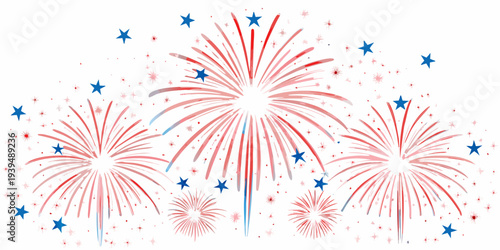 Festive fireworks display with red white and blue bursts and sparkles