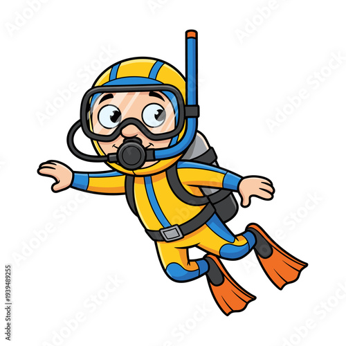 Cartoon boy character wearing scuba diving gear floating
