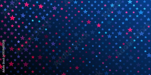 A vibrant background of scattered red and blue stars on dark navy