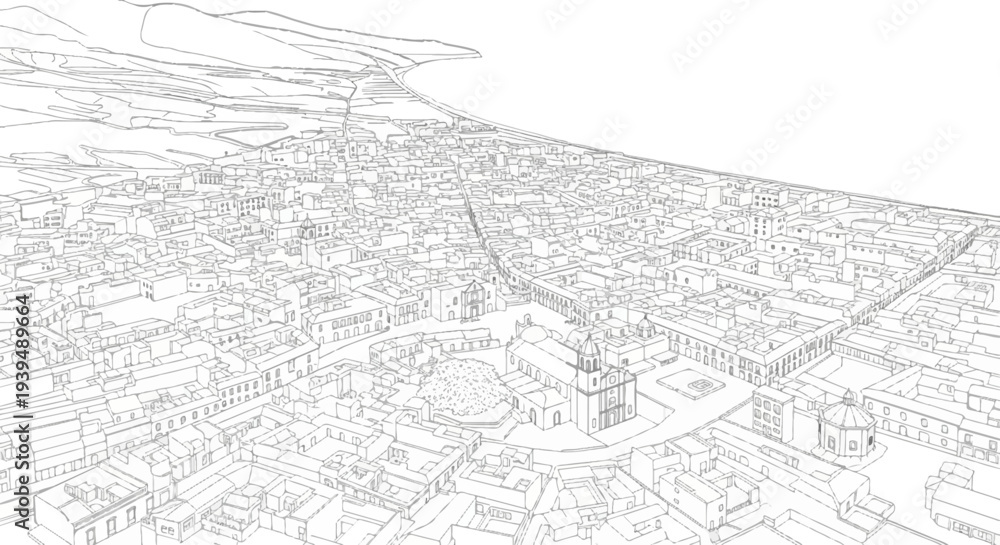 Obraz premium Wireframe sketch of a coastal town with mountains in the background