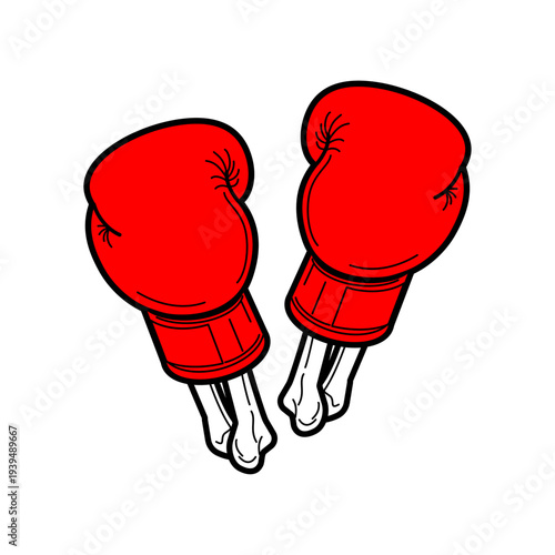 Red boxing gloves with human arm bones instead of hands. Creative concept of injury, extreme combat or skeleton fighter. Flat vector illustration isolated on white.