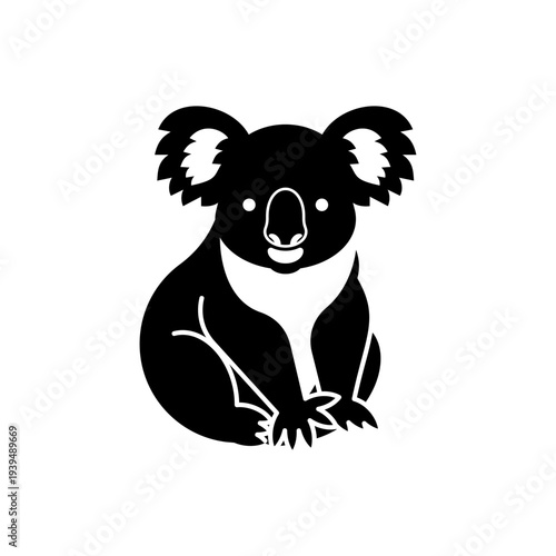 Black silhouette of a cute sitting koala bear. Australian wildlife icon for nature, zoo and conservation concepts. Minimalist flat vector isolated on white.