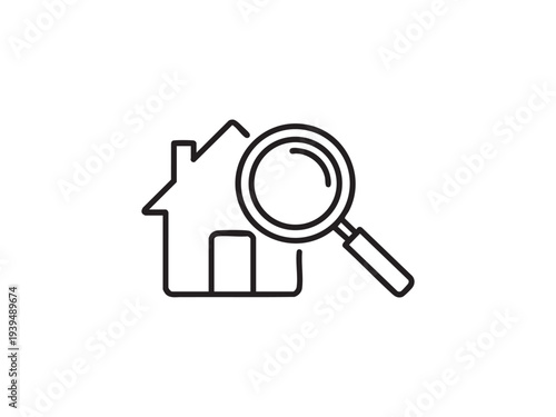 House search icon with magnifying glass representing real estate market property research