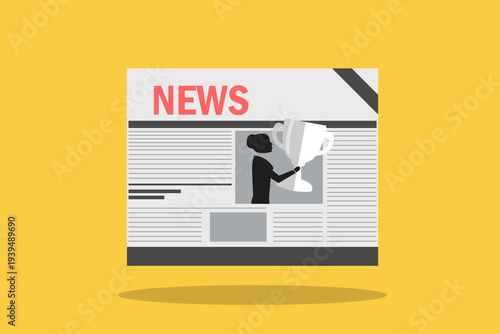 Business woman lifting a trophy headline newspaper, representing public success, achievement, and media recognition