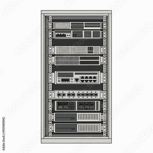 Server Rack with Multiple Electronic Components.