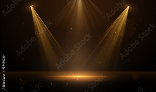 Luxury golden stage vector background with dramatic spotlight beams illuminating a glowing frame. Sparkling particles and light rays for luxurious awards ceremonies, presentations,