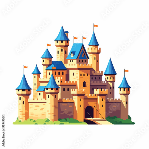 Medieval Castle with Towers and Blue Roofs.