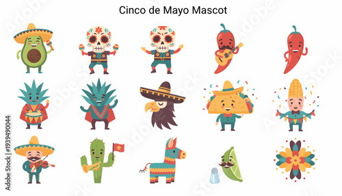 Cinco de Mayo Mascots: Avocado, Skull, Chili, Taco, Cactus