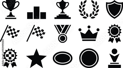 Variety of black award and racing icons on white background
