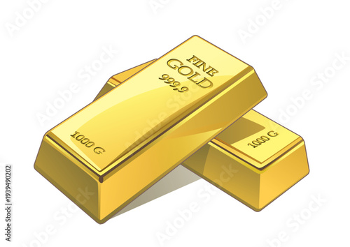 Two weighty 1000 gram fine gold bars are displayed on a pristine white background. Finance concept