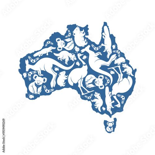 map of Australia composed of various animal silhouettes. Creative wildlife and nature concept for travel and geography.