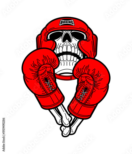 skeleton fighter wearing a red boxing helmet and gloves. Concept of deadly combat, danger and extreme sports. Flat vector on white.