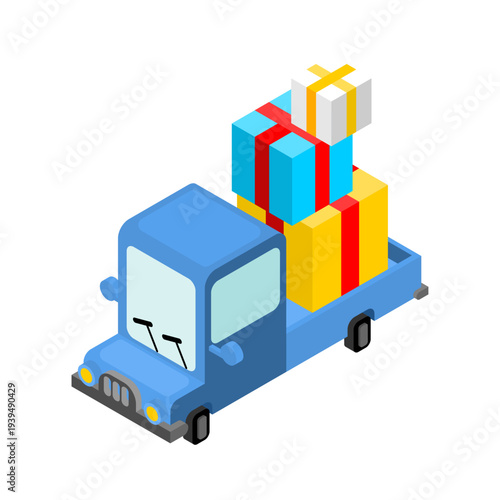 truck delivering colorful gift boxes. Concept for birthday, holiday and surprise delivery service