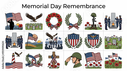 Memorial Day Remembrance: American Flags, Eagles, Poppies, Graves