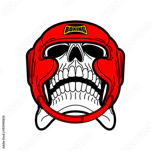 human skull wearing a red protective boxing helmet. Concept of deadly combat, danger and extreme sports. Flat vector illustration isolated on white.