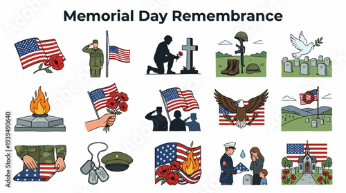 Memorial Day Remembrance Icons: Flags, Soldiers, Graves, Eagle, Dove