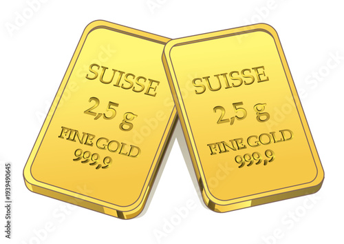 Two identical 2.5 gram Suisse fine gold bars with 999.9 purity are positioned leaning against each other on a white background. Finance concept