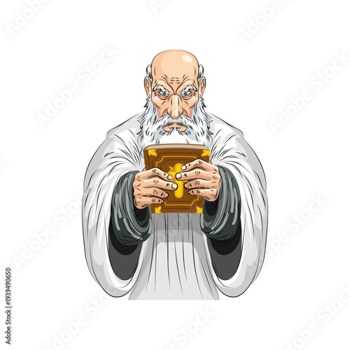God as an old wise man with a white beard holding a golden Bible. Religious and spiritual concept