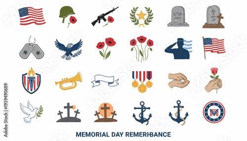 Memorial Day Symbols: Flags, Poppies, Soldier, Medals, Crosses