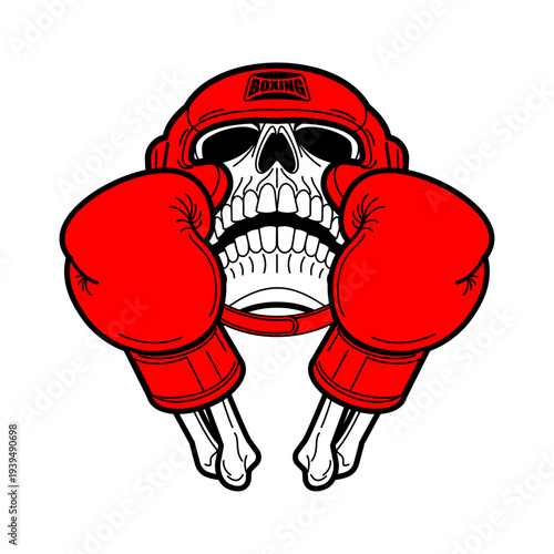 human skull wearing red boxing gloves. Concept of extreme combat, danger, and death match. Flat vector illustration isolated on white.