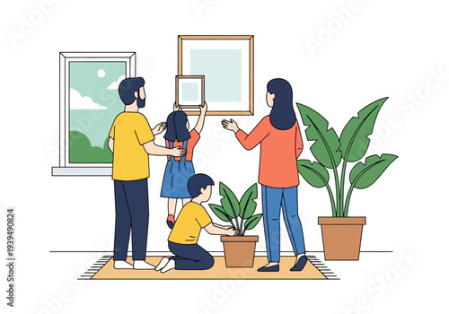 Family Decorates Living Room Wall With Artwork And Potted Plants Creating Cozy Home Interior Together