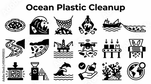 Ocean Plastic Cleanup Icons: Pollution, Recycling, and Marine Life
