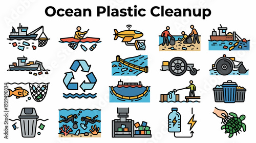 Ocean Plastic Cleanup Icons: Pollution, Recycling, Conservation