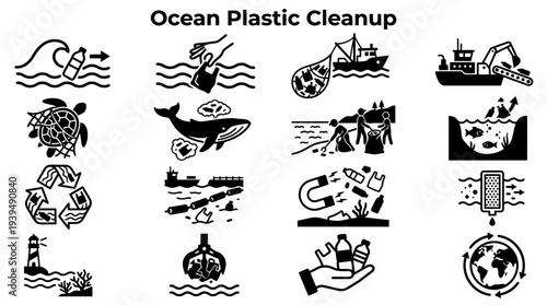 Ocean Plastic Cleanup Icons: Pollution and Recycling