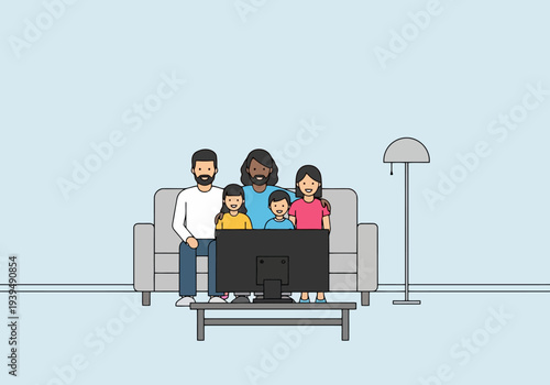 Diverse Family Of Four Enjoying Entertainment Together On Sofa Watching Television Screen In Living Room With Lamp Furniture Scene
