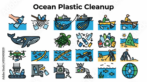 Ocean Plastic Cleanup Icons: Pollution, Recycling, Conservation