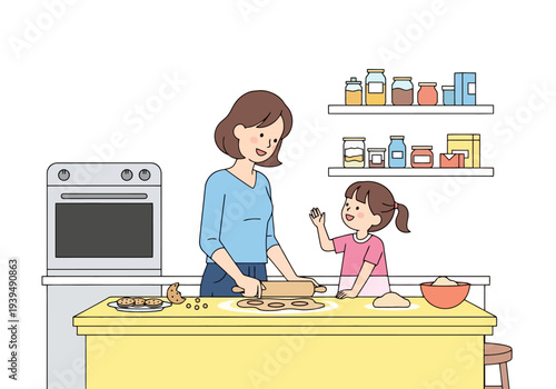 Mother and Daughter Baking Together in Kitchen Preparing Cookies with Rolling Pin and Dough Family Activity Home Scene