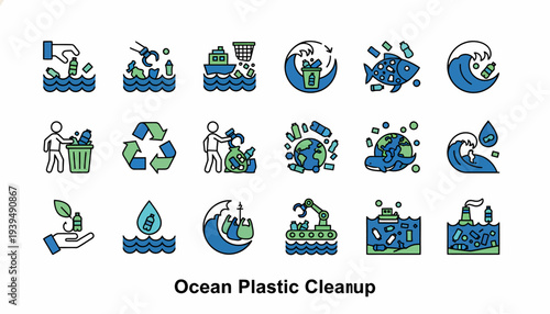 Ocean Plastic Cleanup Icons: Pollution, Recycling, Environment