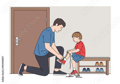 Father kneels to tie shoelaces for young son sitting on entryway bench preparing for outdoor activity together