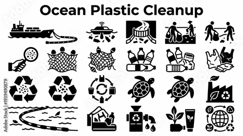 Ocean Plastic Cleanup Icons: Pollution, Recycling, Marine Life